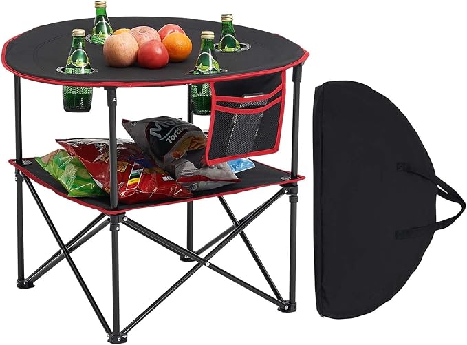 VEVOR Folding Camping Table Portable Outdoor Lightweight Picnic Table 600D Oxford Fabric Waterproof Canvas Travel Beach Tables with 4 Cup Holders Carry Bag for Tailgating Camping Picnic Black