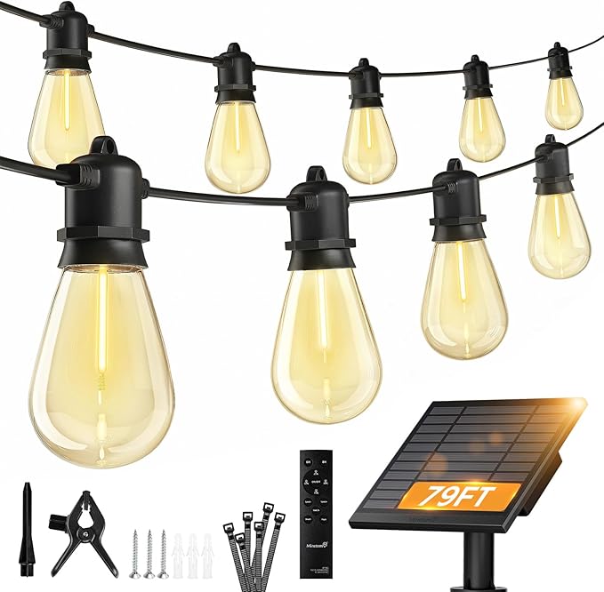 Minetom 79FT Solar String Lights Outdoor Waterproof 24 LED S14 Shatterproof Bulb Patio Lights with Remote Type-C Port Timable 3 Light Modes Dimmable Solar String Lights for Outside Yard Camping