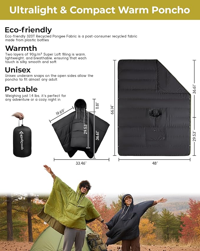 KingCamp Wearable Hoodie Blanket Poncho Ultralight Water-Repellent Wearable Sleeping Bag for Sports Camping for Teens Kids