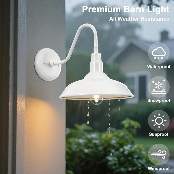 Outdoor Gooseneck Barn Light Fixture with Wall Mount 10'' Diameter White Exterior Waterproof Wall Lantern for Porch Farmhouse Wall Sconce 2 Pack LM2201-WH-2P