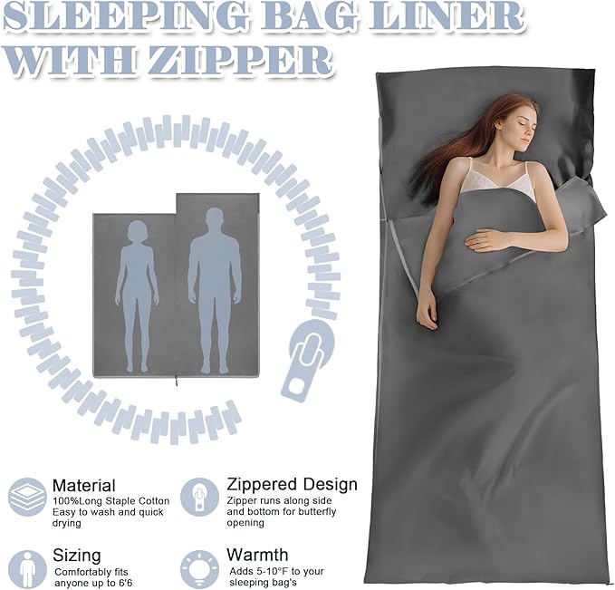 Sleeping Bag LinerLong Staple Cotton Adult Sleep Sack &amp Travel SheetsTravel Sleep Sack for Backpacking Hotels &amp Hostels Lightweight Travel Sheet Camping SheetsHas Full Length Zipper