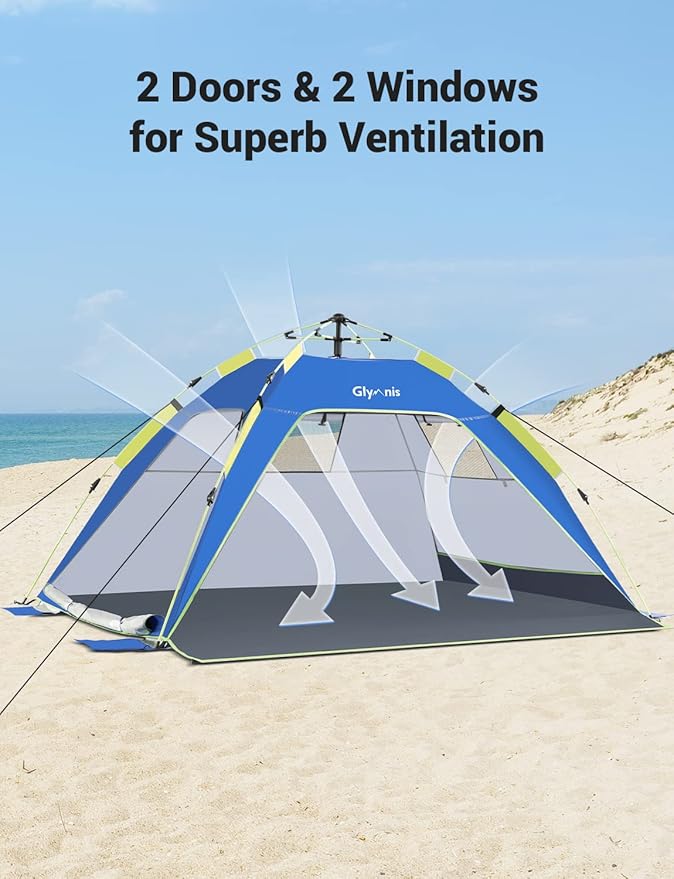 Glymnis Pop Up Beach Tent Sun Shade Shelter for 3-4 Person with UPF 50+ Lightweight &amp Easy Setup Vent Windows &amp Zippered Door Extended Floor Family Instant Beach Tent