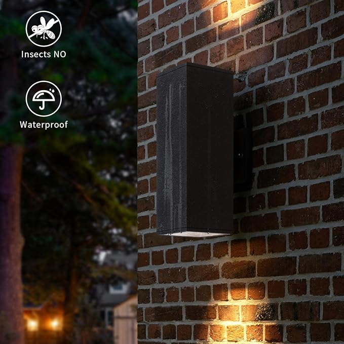 mirrea Modern Outdoor Porch Light Patio Light in 2 Lights with Aluminum Rectangular Tube and Tempered Glass Cover Waterproof Wall Sconce 2 Pack (Matte Black 14)