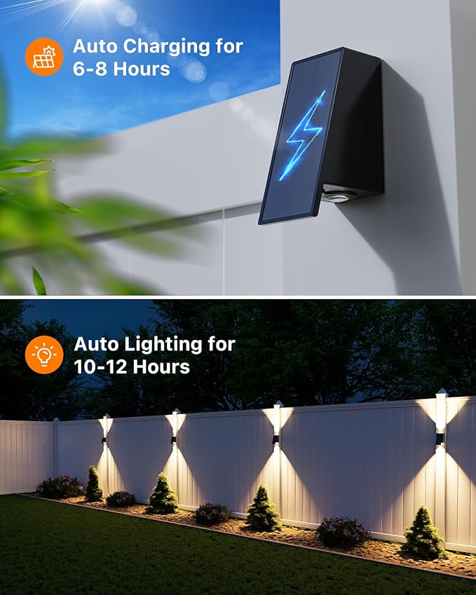 8 Pack Solar Powered Fence Lights Outdoor (Warm/Neutral/Cool White) Waterproof Up and Down Wall Mount LED Decorative Lamp for Outside Patio House Backyard Porch Deck Garden with 3 Lighting Modes