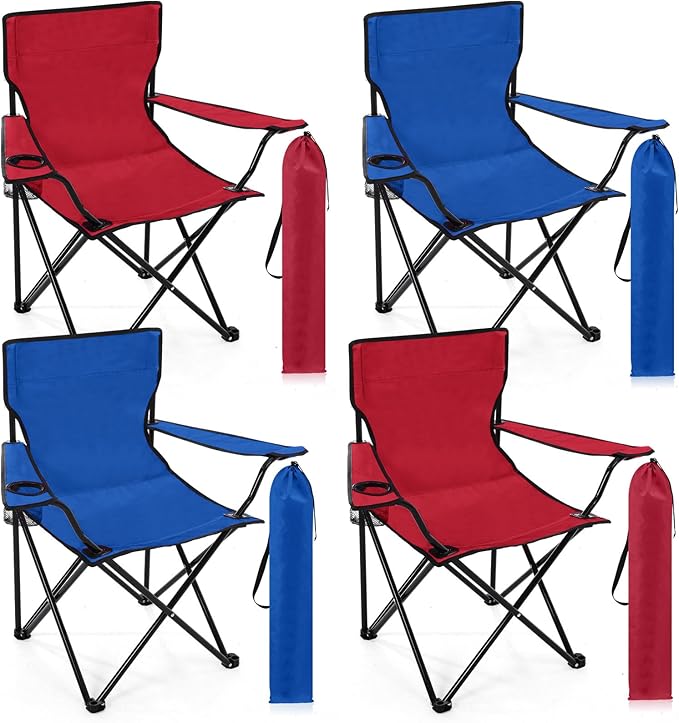 4 Pcs Folding Camping Chairs with Cupholder and Carry Bag Regular Size Portable Lightweight Lawn Chair with Mesh Side Pocket for Fishing Hiking Picnic Beach Outdoor Party (Elegant)