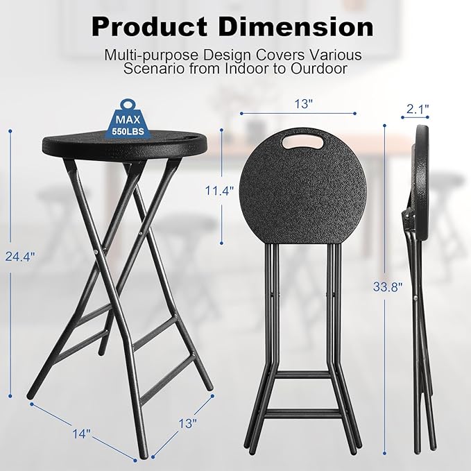 YOMT Folding Stools for Adults Portable Backless 24 inch Folding Bar Stools Heavy Duty Foldable Stools with Handle for Kitchen Counter Room Home Camping Indoor Outdoor Set of 2