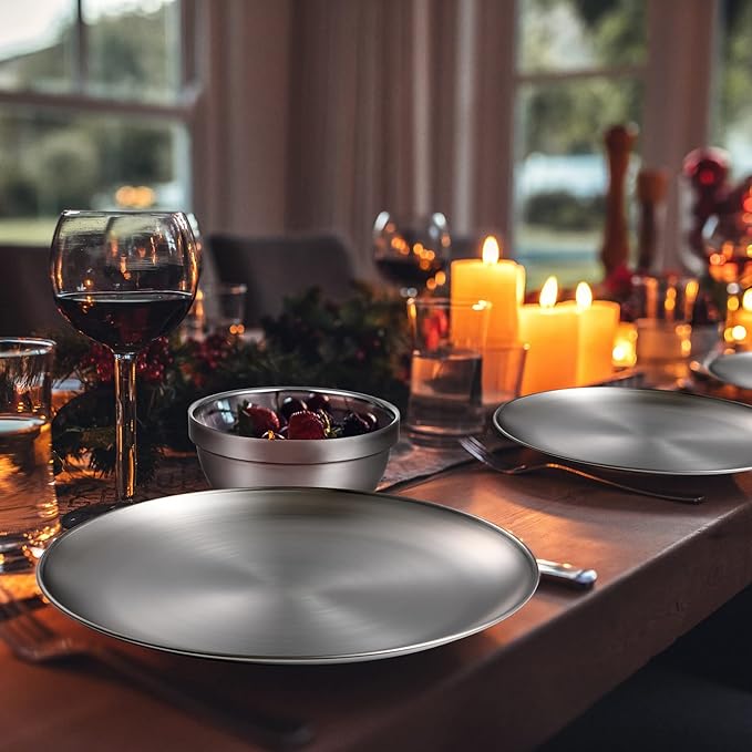 Sunnyray 304 Stainless Steel Plates and Bowls Metal Camping Plates Reusable 13 oz Steel Snack Bowls Dinner Dishes Double Walled Insulated Metal Dinnerware(6 Sets8 x 8 Inch)
