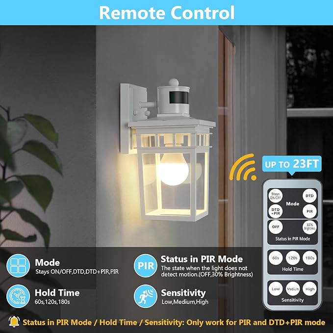 Motion Sensor Outdoor Wall Light with 4 Modes Dusk to Dawn Outdoor Lighting Motion Activated Porch Light Waterproof Wall Sconce Exterior Light Fixture for Entryway Garage Bulb Included White