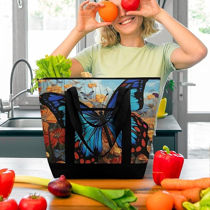 Insulated Shopping BagLarge Reusable Cooler Bags Big Butterfly Printed Foldable Shopping BagTravel Waterproof Shoulder Bag
