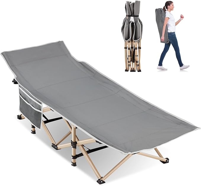 Folding Camping Cot for Sleeping Portable Cots for Adults Heavy Duty Cot Bed 550LBS(Max Load) Extra Wider Cots with Large Pocket for Outdoor Office Beach