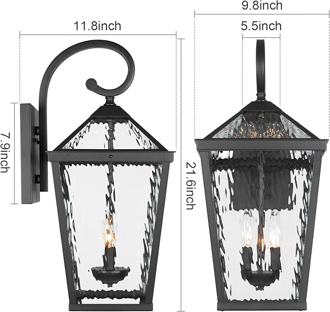 Treekee Outdoor Wall Light Fixture Modern Waterproof Exterior Wall Lantern with E12 Sockets &amp Water Ripple Glass Matte Black Rustic Wall Sconce Porch Lamp for Patio Garage Yard Front Door Ga