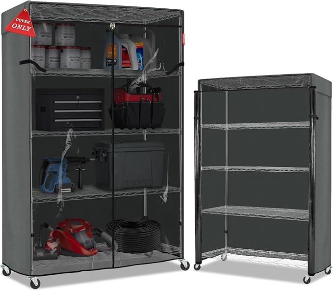 Porch Shield Storage Shelf Cover Fits 48 x 24 x 72 Wire Rack - Dustproof Shelving Unit Cover with Front Transparent(Grey)