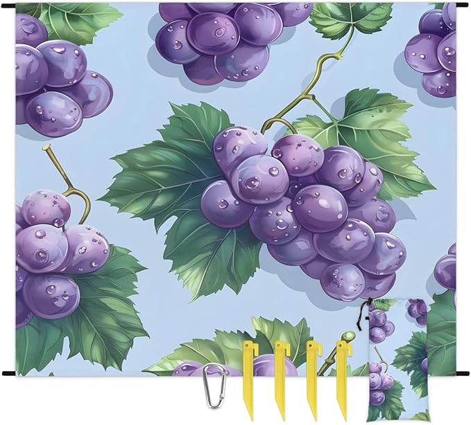 Waterproof Sandproof Beach Blanket 59''×68'' Fruits Grapes Polyester Outdoor Picnic Blanket with 4 Stakes &amp Storage Bag for BeachCampingVacation Purple