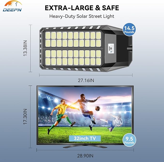 Deepn Solar Street Lights Outdoor 9000W Solar Parking Lot Lights 360000 Lumens Solar Lights Outdoor IP67 Waterproof Dusk to Dawn Motion Sensor Outdoor Lights for Yard with Remote Control