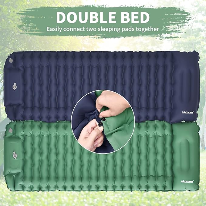 Camping Sleeping Pad Connectable Design for Double Mat Ultralight Inflatable Sleeping Mat with Pillow Built-in Foot Pump Portable Camping Air Mattress for Backpacking Hiking Tent (Green)