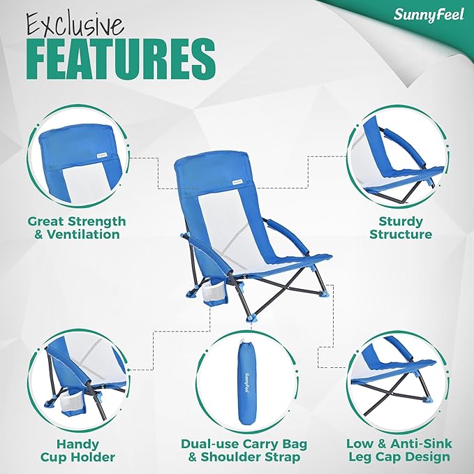 SUNNYFEEL Folding Low Camping Beach Chair 2 Pack Lightweight Portable Lawn Chair with Mesh Back Cup Holder for Outdoor/Travel/Picnic/Concert Foldable Camp Backpack Chairs with Carry Bag