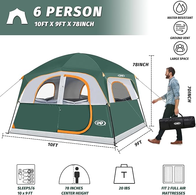 UNP Tents 6 Person Waterproof Windproof Easy SetupDouble Layer Family Camping Tent with 1 Mesh Door &amp 5 Large Mesh Windows -10'X9'X78in(H)