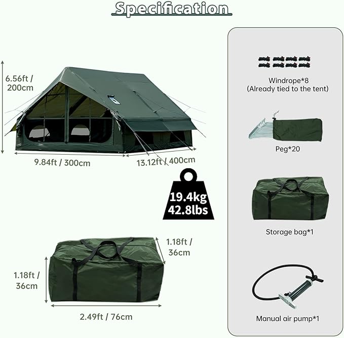 Inflatable Camping Tent with Hand Pump Waterproof Outdoor Blow up Tent Oxford 4 Season Air Tent Cabin House with Mesh Windows &amp Door 12sq/6sq Green