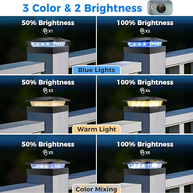 Peasur 4 Packs 4x4 Solar Post Lights Outdoor Blue &amp Warm White LED Fence Caps Light Waterproof Wood &amp Vinyl Post Top Lighting for Deck Mailbox Railing Porch Outside