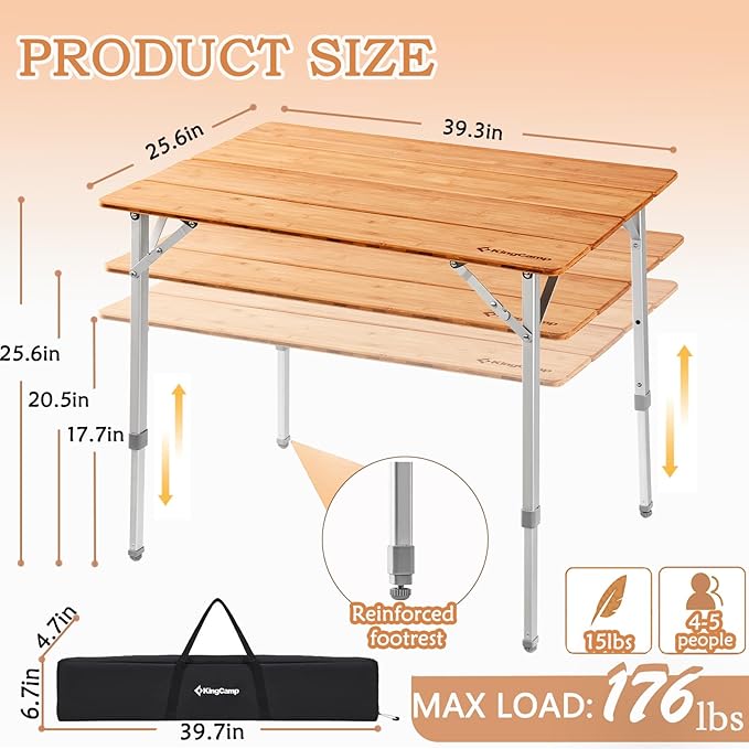 KingCamp Bamboo Camping Table Folding Table with Adjustable Height Aluminum Legs Heavy Duty 176lbs 4-Fold Portable Foldable Camp Tables for Travel Picnic 4-5 People