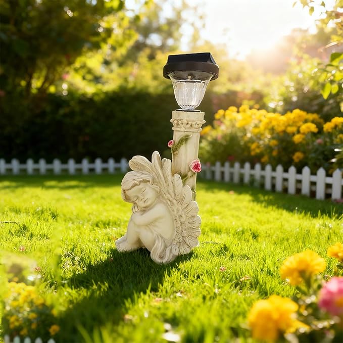 Angel Figurines Outdoor Angel Statues for Garden Solar Statues Outdoor Decorations for Patio Patio Lawn Yard Balcony Garden Mom Gift (White)
