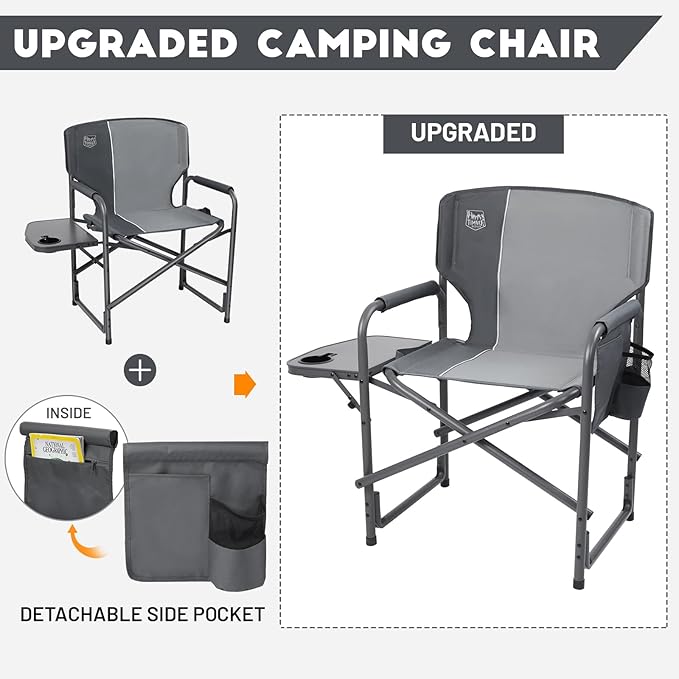 TIMBER RIDGE Lightweight Oversized Camping Chair Aluminum Directors Chair with Side Table for Outdoor Camping Lawn Picnic and Fishing Supports 400lbs Gray 2PCS