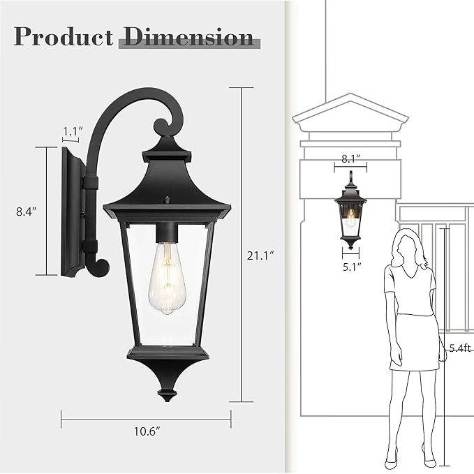 Emliviar Outdoor Porch Light 21.1 Inch Modern Outdoor Wall Light for House Porch Clear Glass in Black Finish XE292B-M BK
