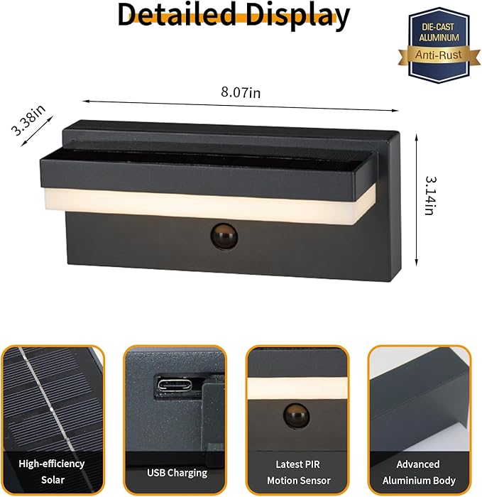 Outdoor Solar Wall Light Solar&ampUSB Charging Powered Lamps Dusk to Dawn Sensor with 2 Lighting Modes Rechargeable IP54 Exterior Solar Porch Lights Patio Fence Outdoor Light Fixture