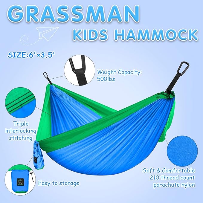 GRASSMAN Kids Hammock-Small Camping hammocks Portable Camping Gear for Child Indoor/Outdoor use with Tree Straps &amp Carabiners Blue &amp Green
