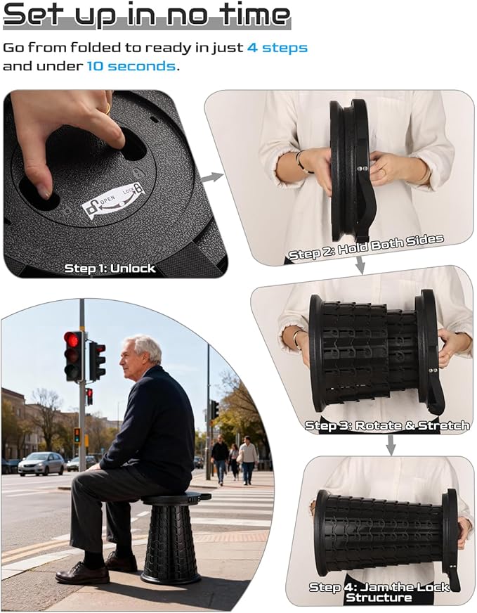 2025 Heavy Duty XXL Collapsible Stool | 1000lbs Capacity 20-in Taller &amp 13-in Wider Foldable Retractable Telescoping Stool for Adults Oversized Camping Fishing Concert Event Stadium