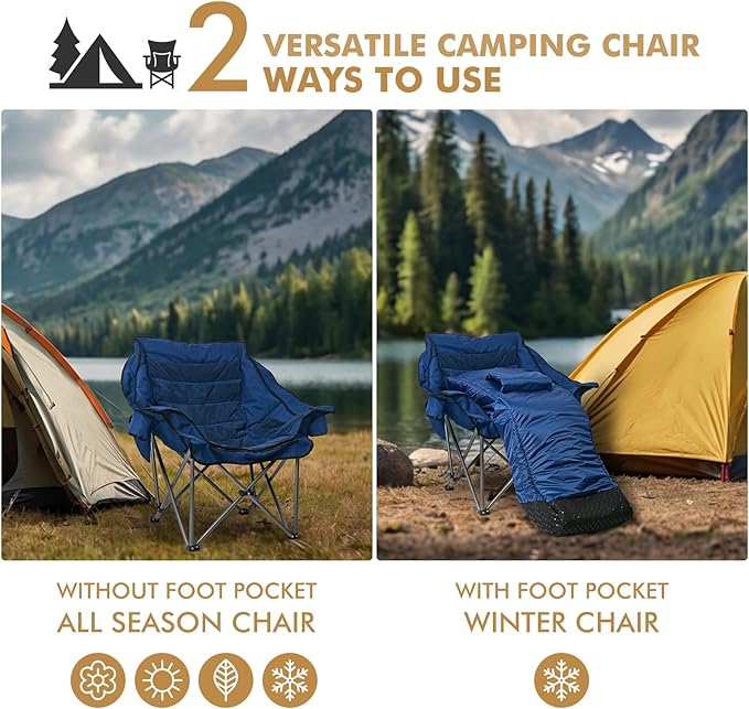 Oversized Fully Padded Camping Chair with Removable Foot Pocket Heavy Duty Comfy Folding Camp Sports Chair for Adults Summer Winter Outdoor Ice Fishing Hunting RV Cup Holder XL 400 LBS
