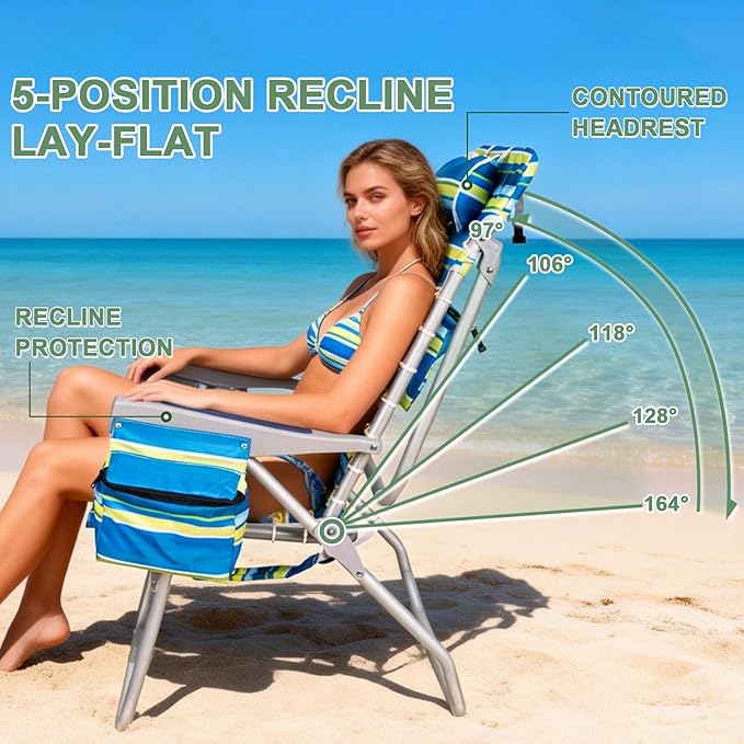 Romswi Tall Beach Chair for Adults 17 High Seat Backpack Beach Chair with Cooler Bag Cup &amp Phone Holder 5-Position High Back Reclining Chair with Towel Bar &amp Zipper Pocket Blue Stripes