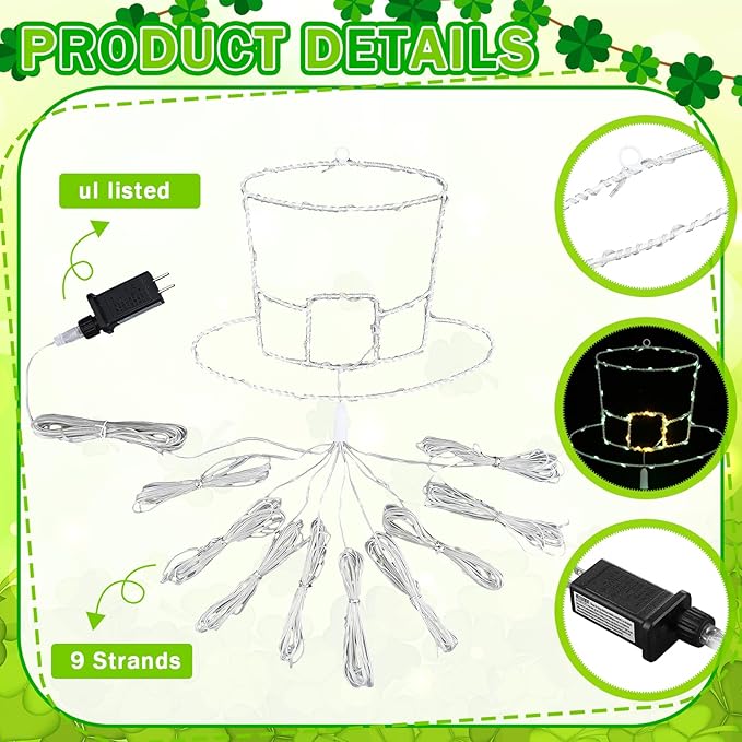 12 ft St Patrick's Day Waterfall String Lights with 320 LED Leprechaun Hat String Lights with 8 Modes Lighted St Patrick's Day Outdoor Decoration for Tree Garden Yard Ireland Party