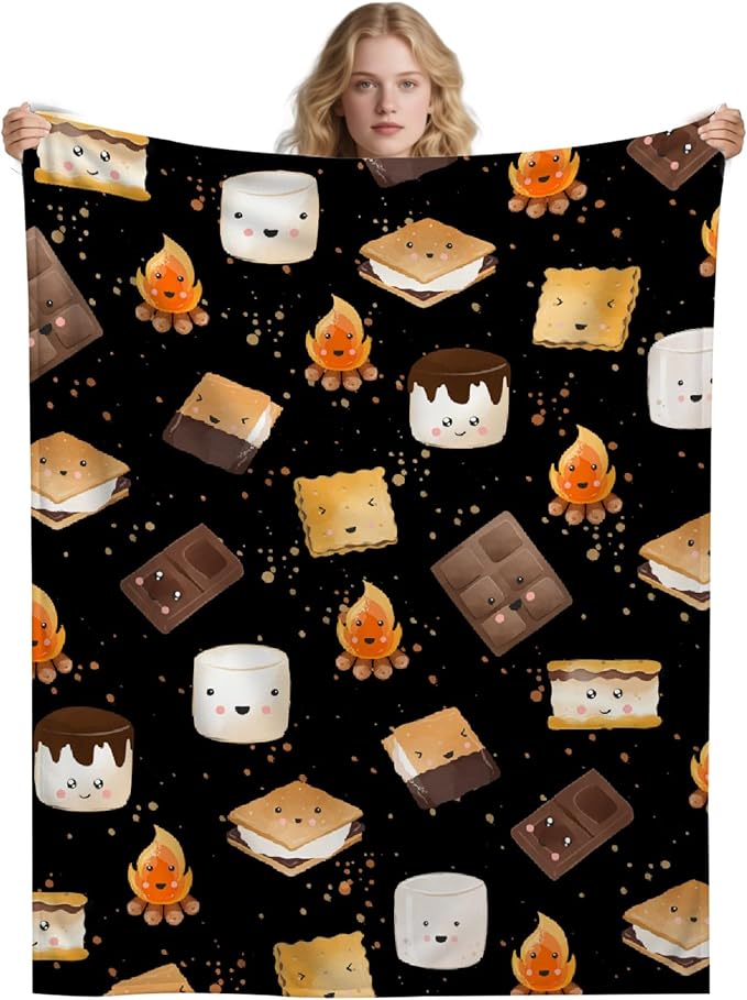 Cute S'Mores Blanket | Ultra Soft Marshmallow Cookie Throw Blanket Gifts for Boys Girls | Roasted Marshmallows Blanket Decor for Couch/Sofa/Travel/Camping All Seasons -50x60-Teens/Travel Size