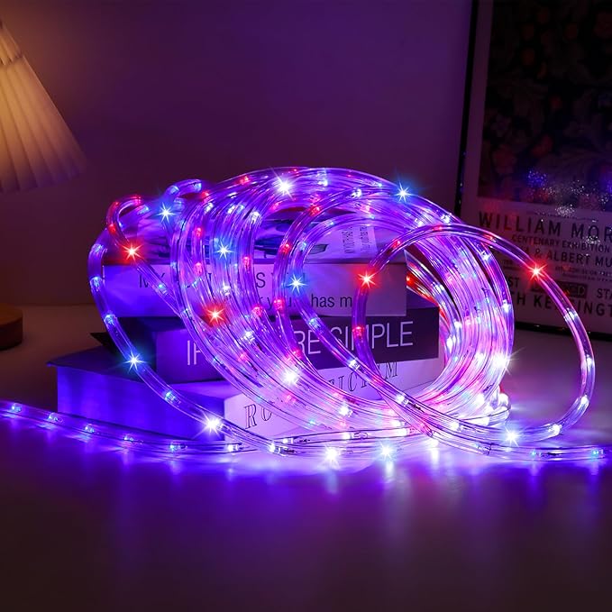 50ft 360 LED Waterproof Rope Lights 110V Connectable Indoor Outdoor Led Rope Lights for Deck Patio Pool Camping Bedroom Decor Landscape Lighting and More (RED+White+Blue)
