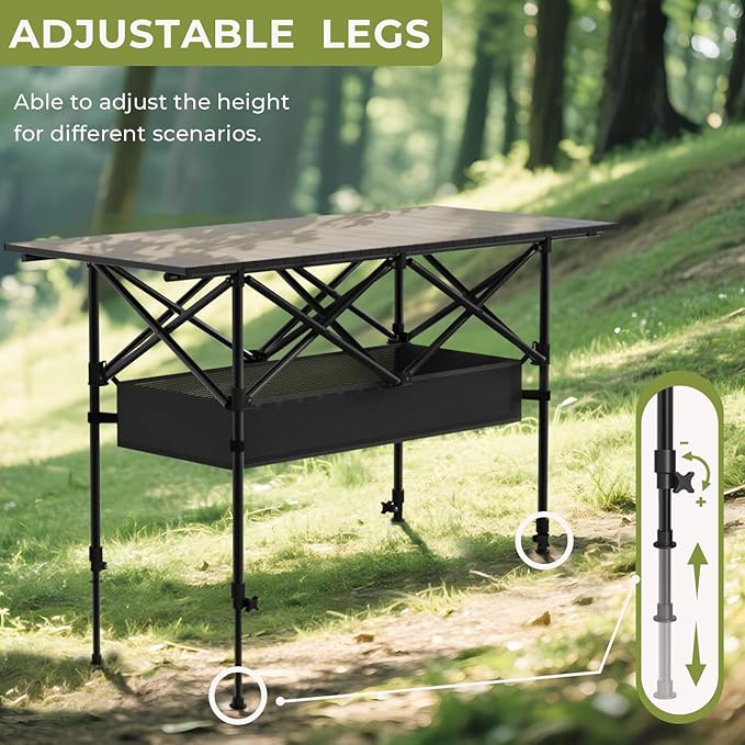 4FT Folding Camping TablePortable Roll-up Picnic Table with Carry Bag &amp Mesh StorageLightweight Camp Table for CampingPicnicBackyardPartyPatioBBQ