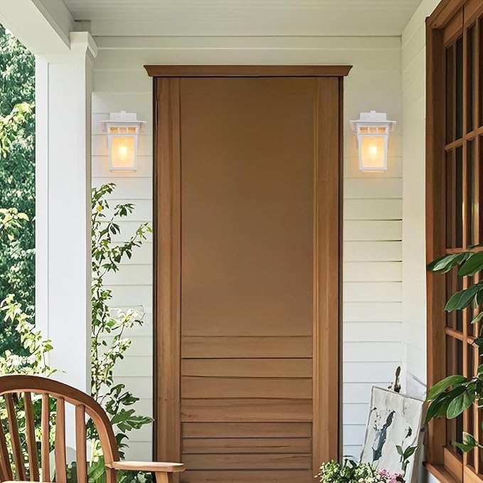 Outdoor Wall Lantern Exterior Lighting Fixtures Wall Mount 2 Pack White Outdoor Sconces with Seeded Glass Exterior Porch/Patio Lights for House Front Door Garage