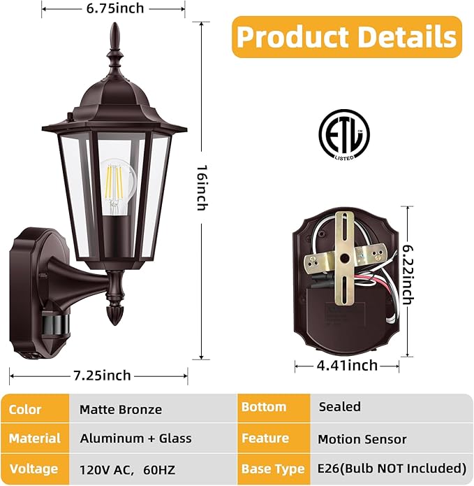 Lamomo Motion Sensor Outdoor Lights Upgrade Dusk to Dawn Bronze Outdoor Light Fixture Wall Mounted 100% Anti-Rust Aluminum Waterproof Porch Lights for Patio Front Door Garage