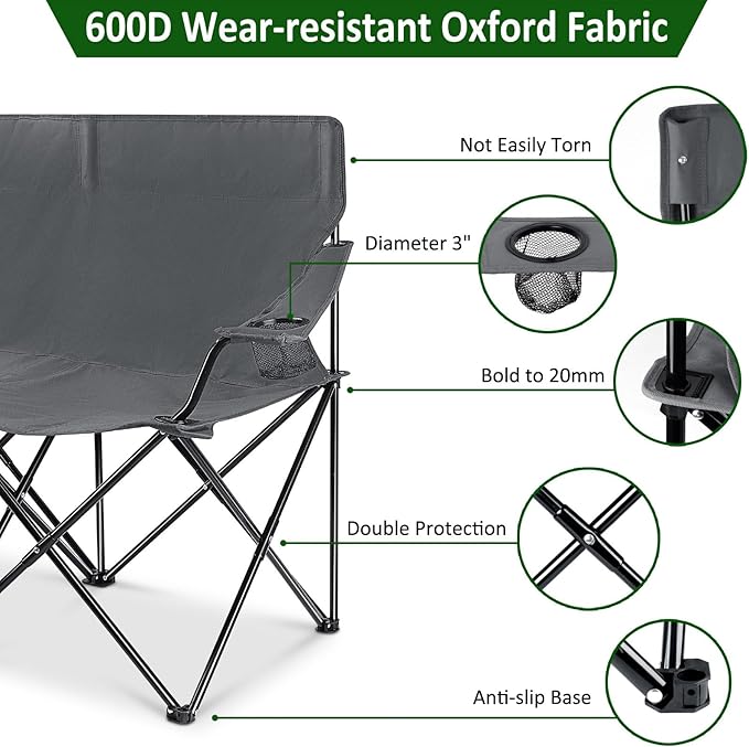 Leonyo Oversized 2 Person Camping Chair Double Camping Loveseat Chair for Adults Foldable &amp Comfortable Double Seat for Lawn Backyard Beach Sports Movie Grey