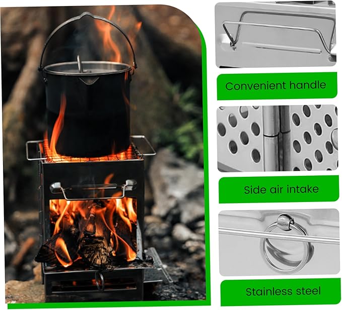 Camping Wood Stove Foldable Stainless Steel Portable Wood Burning Stove Portable Grill Charcoal Mini Outdoor Cooking for Hiking Backpacking BBQ