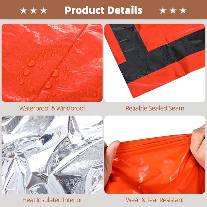 12-Piece Emergency Sleeping Bag Set with Whistle Waterproof Survival Bivvy Sack for Hiking Camping and Outdoor Survival