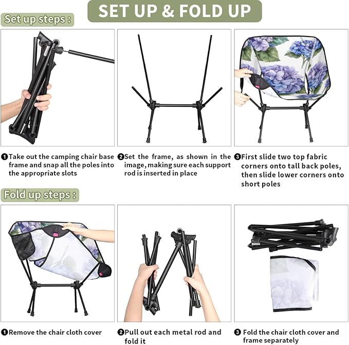 Honeybaby Folding Camping Chair Watercolor Hydrangeas Camping Chairs Lightweight Portable Chair Outdoor Foldable Chairs for Camping Travel Picnic Beach Hiking
