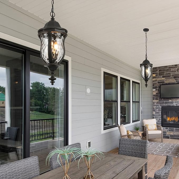 Large Outdoor Pendant Light Fixtures 23.6'' Exterior Hanging Lantern Porch Light Adjustable Black Brush Red Hanging Lamp Farmhouse Exterior Chandelier Ceiling Mount for Entrance Patio