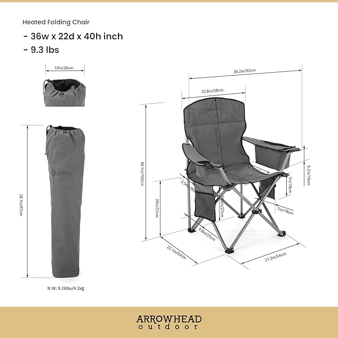 ARROWHEAD OUTDOOR Portable Heated Folding Camping Chair w/ 6-Can Cooler 3 Heat Settings Cup &amp Wine Glass Holder Heavy-Duty Carrying Bag Padded Armrests Battery NOT Included Supports up to 33