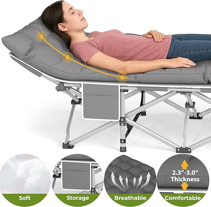 Camping Cots for Adults - Heavy Duty Folding Sleeping Cots with Carry Bag Double Layer Oxford Portable Travel Cots for Outdoor Camp Beach Home &amp Office (Silver Frame &amp Gray Pad 1PACK)