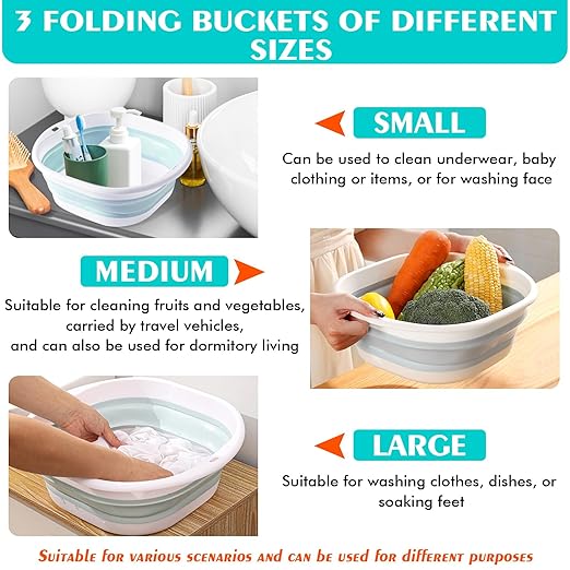 Collapsible Basin 3 Set Foldable Wash Basin Plastic Laundry Tub Space Saving Wash Tub for Dish Fruit Camping Laundry Hiking &amp Home (Blue)