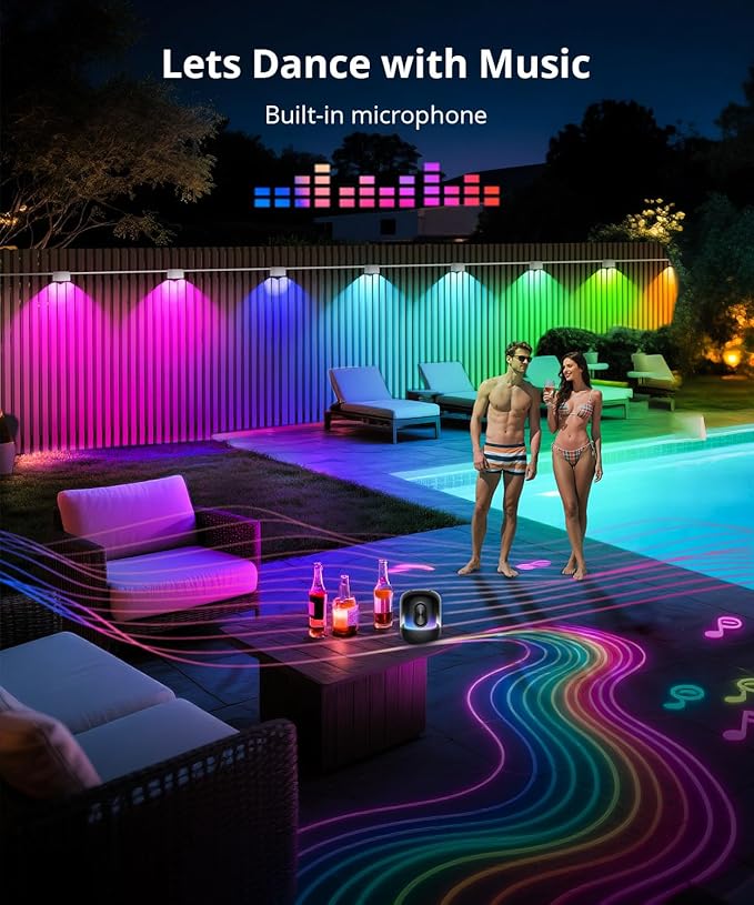 Outdoor Deck Lights 16 Packs Smart RGBCW Fence Light 100+ Scene Modes Dual Lens LED String Lights with APP/Voice/Remote Control IP65 Waterproof for Halloween Christmas Decor 105ft White
