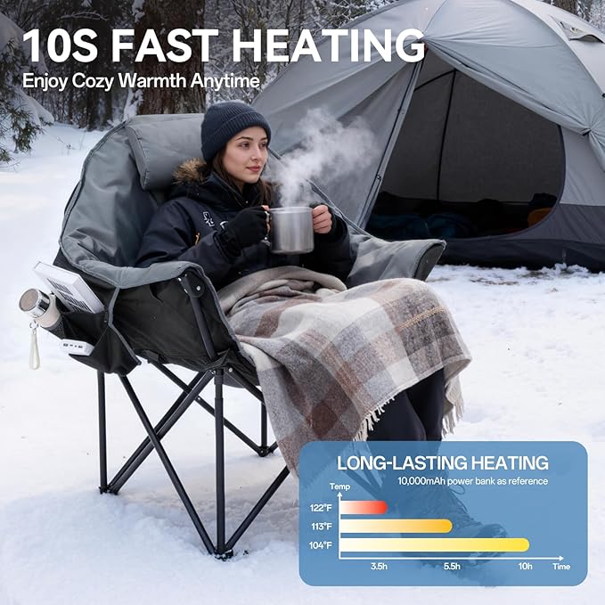 Oversized Heated Camping Chair Folding Heated Outdoor Chair with Back &amp Seat Heating Heavy Duty Support 400 lbs Portable Heated Camp Chair for PatioTailgating Picnic Battery NOT Included Gr