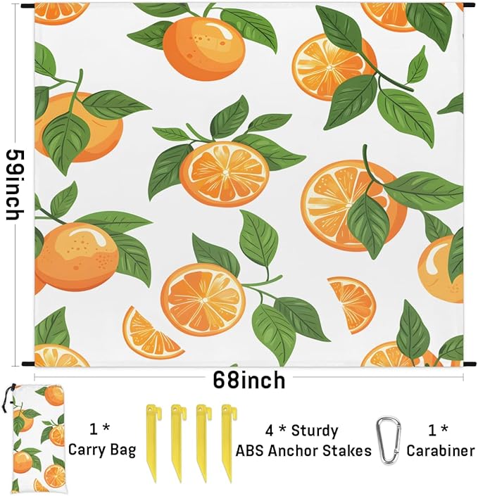 Waterproof Sandproof Beach Blanket 59''×68'' Orange Polyester Outdoor Picnic Blanket with 4 Stakes &amp Storage Bag for BeachCampingVacation White Bottom