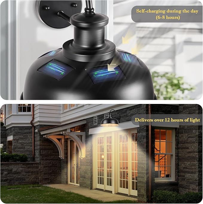 Solar Barn Light Outdoor Farmhouse Dusk to Dawn Sensor Wall Sconce 12 Inch Rustic Solar Powered Exterior Light Fixture for Porch Garage Patio 2 Pack ROS-SR026-2